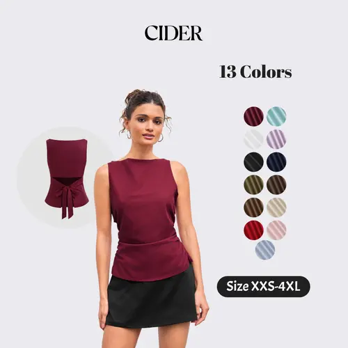 Cider Boat Neckline Solid Bowknot Tank Top, Breathable Linen-Blend Relaxed Fit Sleeveless Blouse, Ladies Lightweight Bow Detail Tops, Urban Chic Fashion, Casual Stretch-Waist Tops