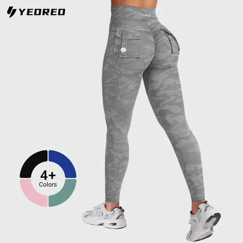 YEOREO Women's High-Waisted V-Cross Butt-Scrunch Leggings with Pockets - Quick Dry, Anti-Odour, UV-Protective Pants for Women, Glute Activation Sports Leggings for Gym, Everyday Active