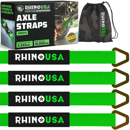 Rhino USA Axle Tie Down Straps, Lab Inspected 11,128lb Break Strength, Heavy Duty Protective Sleeve & D Ring for Car Engine Hoist, Truck & More 4 Pack