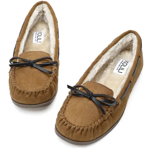 KOLILI Women's Suede Moccasin Bow Flats - Plush Lined, Wide Feet Fit, Steady Rubber Grip, Shoes for Women, Indoor Wear, Casual Slip-On Slippers for Indoors/Outdoors