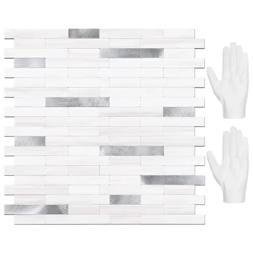 STICKGOO 10 Sheets Peel and Stick Backsplash Tile, Stick on Backsplash for Kitchen and Bathroom, Dolomite White Marble Look PVC Mixed Metal Silver Self Adhesive Wall Tiles
