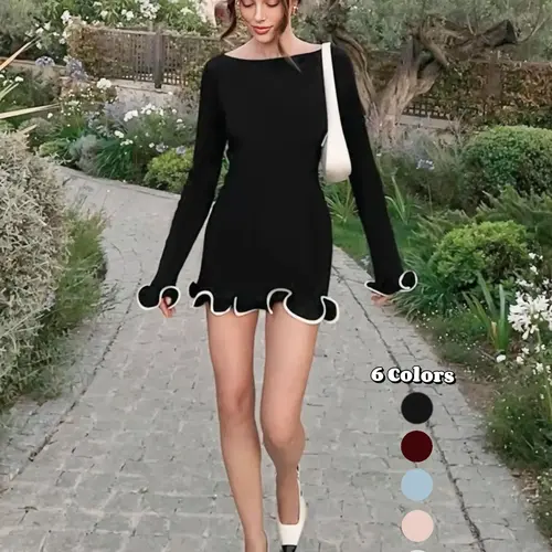 Women's Elegant Long Sleeve Colorblock Knit Dress, Spring & Fall Fashion A-Line Skirt, Contrast Binding Design #GLOBAL PICKS
