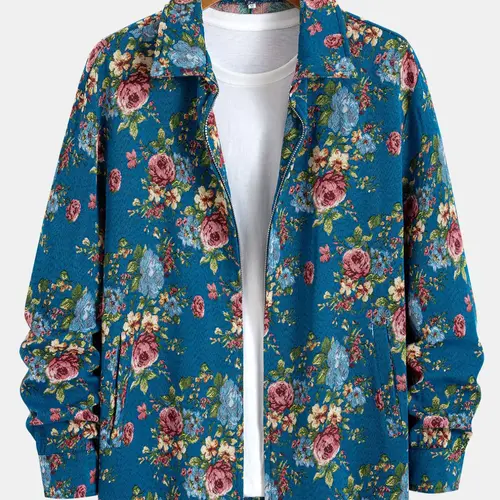 Men's Floral Print Button Zipper Loose Fit Jacket, Zip Up Jackets, Loose Casual Long Sleeve Collared Outerwear for Fall & Winter, Zip Up Coats, Men's Clothes for Daily Wear, Casual Fashion Jacket, Casual Outerwears #GLOBAL PICKS
