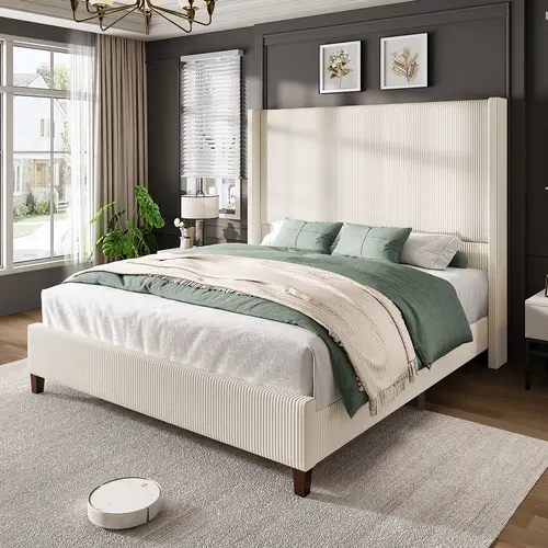AMERLIFE 62" Corduroy Upholstered Bed Frame, Luxurious Platform Bed with Extra Tall Wingback Headboard and Vertical Stripe[TikTokShopFallDealsForYou]