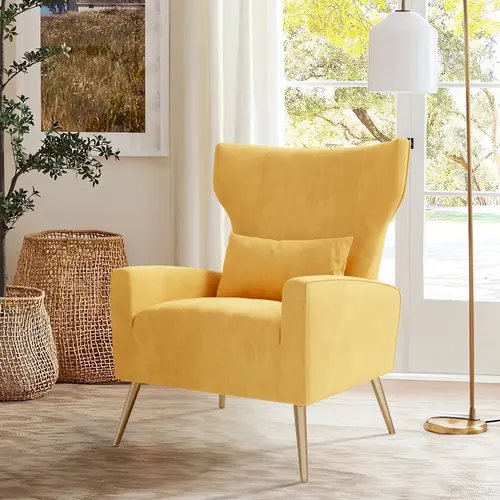 Mid-Century Modern High-Back Velvet Upholstered Recliner Chair - Living Room Chairs, Wingback Design, FSC Wood Frame, Stable Metal Legs, Spring Support, 300 lbs Capacity, Daily Elegance, Orange, Assembly Required, Easy Installation
