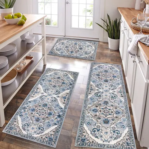 [FallDealsForYou] HEBE 3-Piece Washable 0.4" Thick Polyester Farmhouse Boho Runner+2 Mats Set, Non-Slip Decorative Rug Mat, Wrinkle-Resistant House Decor for Kitchen, Entryway Aesthetic Accent