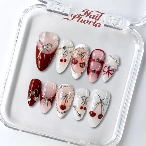 NailPhoria CHERRY DELIGHT - Handmade Press-On Nails | Reusable, Salon-Quality, Long-Lasting, Glossy Design