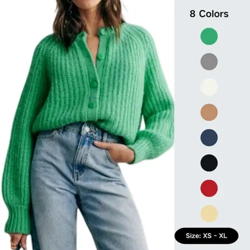 Yeokou Women's Plus Size Fashion Curvy Long-Sleeve Crew Neck Knit Cardigan - Button Front, Puff Sleeve, Sweet Preppy Casual Chic Work Outwear Tops, Knitwear, Refer to Size Chart