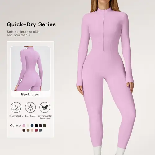Women's Solid Zip Up Skiing Jumpsuit, Casual Sporty Long Sleeve Jumpsuit for Skiing Cycling, Ladies Sportswear for Fall & Winter