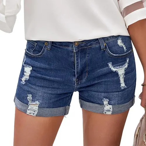 luvamia Women's High Waisted Ripped Stretchy Folded Hem Denim Shorts - Casual Blue, Frayed, Washed Bottoms for Summer, Party Wear