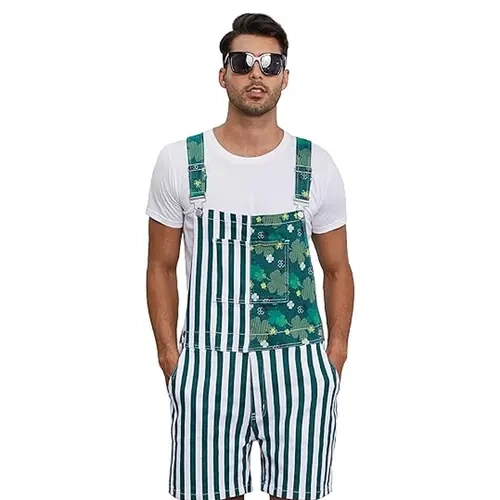 YUANBANG St Patrick's Day Stripe Stretch Denim Overalls Shorts for Couples, Adjustable Straps Zip Jumpsuits, Irish Festival Gifts, Casual Fashion Romper (Menswear-Womenswear)