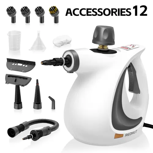 Redhut Upgraded Pressurized Corded Handheld Steam Cleaner - 2.5m Cord, 15 Accessories, 360ml Removable Clear Water Tank, 1300W 120V US Plug, Chemical-Free, Suitable for Kitchens, Bathrooms, Pet Beds