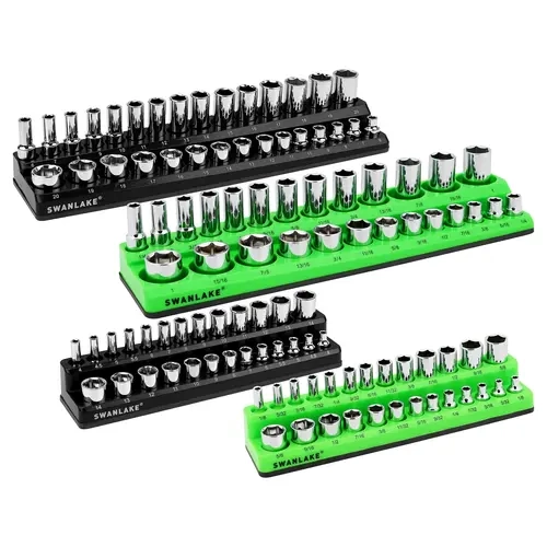 SWANLAKE Durable & Scratch-Resistant ABS Plastic Magnetic Socket Organizer Tool Kit Set (4PCS, Holds 108 Sockets) – 1/4"-3/8" Drive Metric SAE Trays, Green Rubber Liner for Mechanics’ Workspace Tool Organization