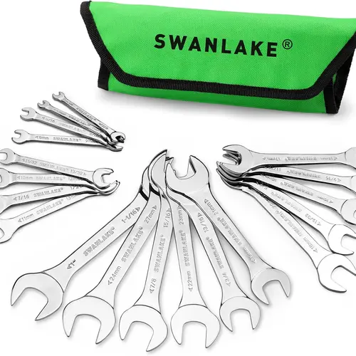 SWANLAKE 19Pcs Multifunctional Wrench Set, Rustproof Chrome Vanadium Carbon Steel Double End Open End Spanners with Super-Thin Jaw Grips Fasteners Firmly, SAE (1/4"-1-1/16") & Metric (5.5mm-27mm) Sizes, Rolling Pouch for Mechanics, Auto Repair