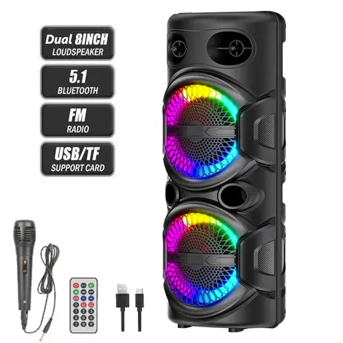 Portable Bluetooth Speaker Dual 8 inch Subwoofer Party Speaker Rechargeable With Microphone LED Light FM Remote Control Sound System