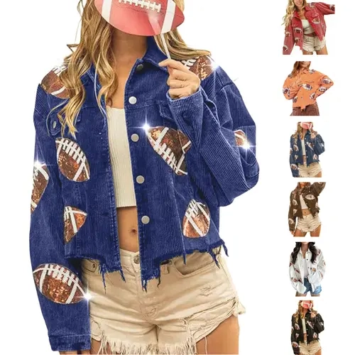 Molitree Women's Short Rugby Sequin Patch Vintage Cut Corduroy Jacket Coat Long Sleeve Casual Crop Outerwear Button Tops Collared Fitted Sparkly Metallic Style Womenswear