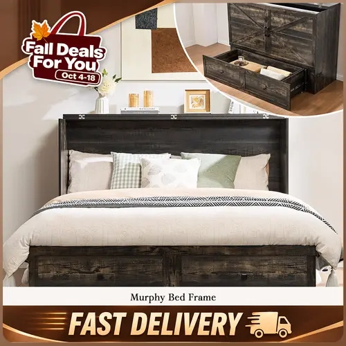 [Ships in 2 Boxes] VanAcc Murphy Bed with Charging Station, Farmhouse Cabinet Bed with Large Storage Drawer, Foldable Platform Bed for Home Office, Apartment, Small Room, #TikTokShopFallDealsForYou