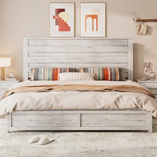 VanAcc 49" Tall & Full-Panel Headboard, Farmhouse Platform Bed with Wood Slats & Metal Bed Frame, No Box Spring Needed/Noise Free #TikTokShopFallDealsForYou