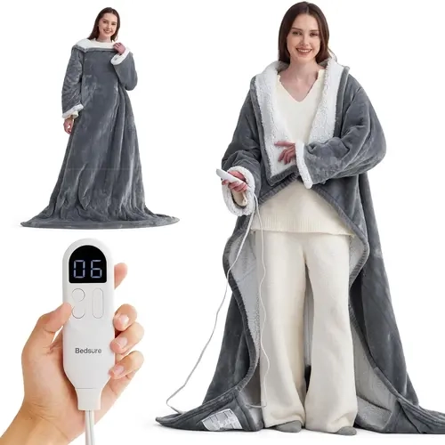 Bedsure Wearable Heated Blanket with Sleeves & Foot Pocket, 50x71in Sherpa Heating Wrap for Adults with Auto Shut-Off, Christmas Gift Ideas for Women (Gift for Mom, Things to Get GF), Girlfriend