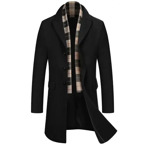 COOFANDY B Men's Wool Blend Coat with Detachable Plaid Scarfs Notched Collar Single Breasted Pea Coat Trench Overcoat