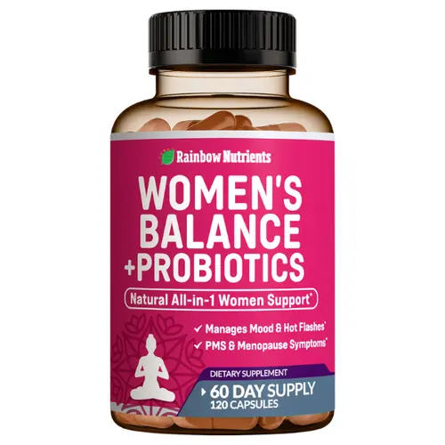 Rainbow Nutrients Women's Balance + Probiotics 10B CFU Vegan Capsules - Lab Tested, All-in-1 Supplement for Daily, pH, Flora, Hormonal Health - Mood Boost, Digestive Health, Energy Balance Support - 120 Count, Non-GMO, All-Natural