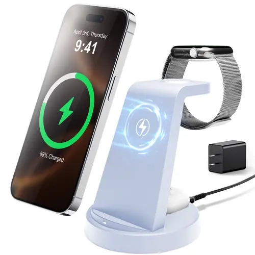 3-in-1 Wireless Magnetic Charger Stand - Fold-Flat Travel Mobile Charger with Night Light, 12-Month Support, Electronic Smartphone Charging Solution for iPhone, AirPods, iWatch Series (Home & Office Use)