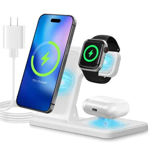 Foldable 3-in-1 Lightweight Non-Slip iPhone Charger, 18W Mag-Safe Fast Wireless with LED Light Alerts, USB Type-C Travel-Friendly for iPhone 15/14 Pro Max/13/12/11, i-Watch 9/8-SE, AirPods 3/2/Pro & Android Phones