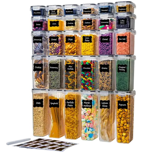 30-Pack BPA-Free Durable Plastic Airtight Food Storage Containers Set with Lids - Organized Food Storage Jars, Various Volumes (0.52L, 2.0L) Stackable for Kitchen & Pantry Organization (Fits Pasta, Utensils)