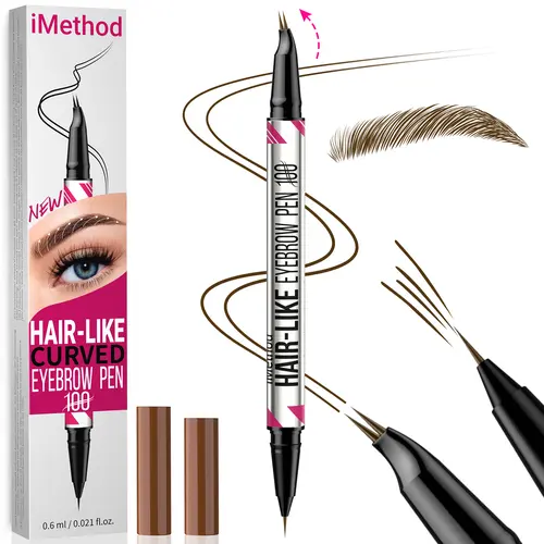 iMethod Curved Tip Waterproof Brow Pen - Women's 2-in-1 Double-Sided Cosmetic Eyebrow Liner Makeup Product with Fork Applicator & Precise Brush, 5 Shades, Shake Gently for At-Home Natural Hair-Like Brows, Fills Gaps, Long-Lasting