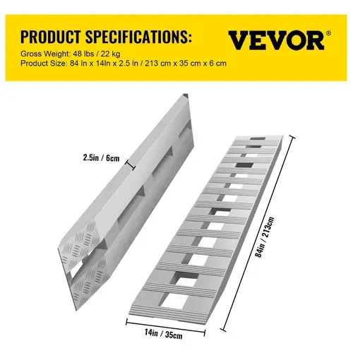 VEVOR 84x14x2.5in Treaded Aluminum Load Support Ramps (1 Pair), 6000 lbs Capacity, Slip-proof Feet, Stability, Works with ATVs & Tractors, Trailer Compatible for Car/Truck