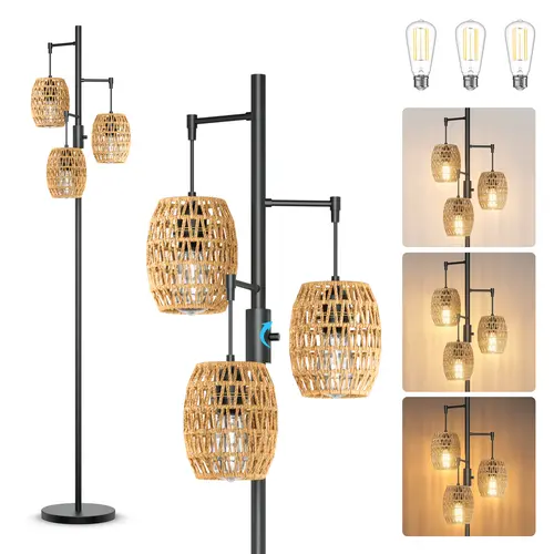 VALLERICO 70in Boho Farmhouse Rattan Metal Floor Lamp - Dimmable Warm White 3-LED (6W Each), Adjustable, Bases & Shades, AC Power Supply, Accent Light, for Bedroom, Living Room,,Black Friday