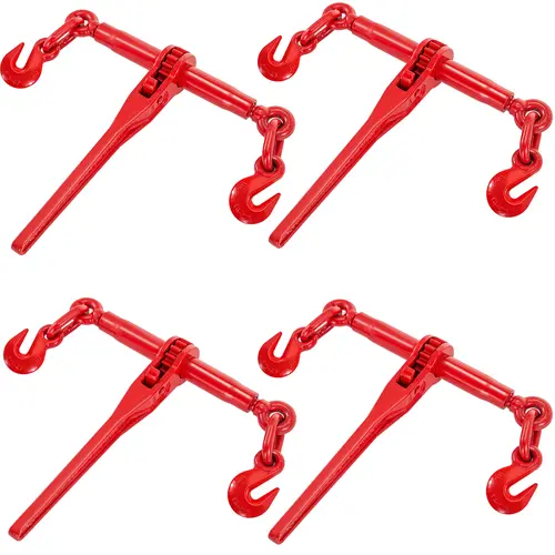 VEVOR Industrial All-Steel Heavy Duty Ratchet Binders 4-Pack (Red Hardware), 9215 lbs Working Load, 33069 lbs Capacity, 3/8"-1/2" Adjustable Size, 14 in Handle (Gives Steady Leverage), G70 Hooks, Tie Down Shackle, Hardware for Grade 70-80 Chains, Docks