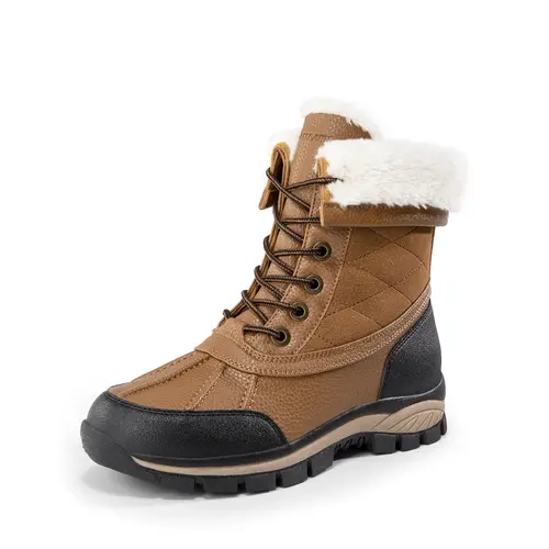 Dream Pairs Women's Waterproof Warm Mid-Calf Vegan Leather & Faux Leather Duck Boots - Lace-Up Laces, EVA Shock-Resistant, Anti-Slip TPR Outsole Outdoor Walking Shoes