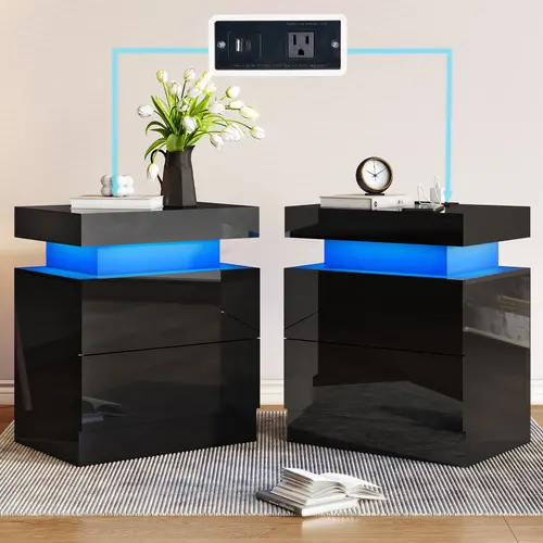 AMERLIFE High Gloss LED Nightstand Set of 2 with Charging Station, Modern Bedside Table Night Stand with LED Lights, Sofa End Side Tables with Drawers/Best Gift Ideas/Christmas Gifts[TikTokShopFallDealsForYou]