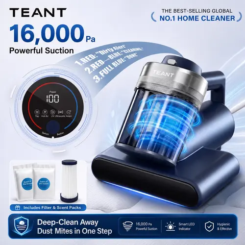Teant Mattress Vacuum Cleaner for Dust Mites, 16Kpa Powerful Suction, LED Display & UV-C Light, 149°F Hot Air Sterilization & ith Aroma Tablet, Double-Cup Handheld Vacuum with HEPA Filter for Bed, Sofa, Pet Hair deep cleaner Lightweight s