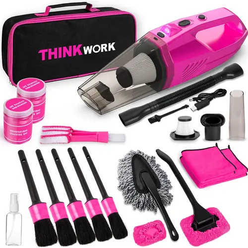 【DealsForYou】 THINKWORK Car Detailing Kit Interior Cleaner with 8000PA Cordless Pink Handheld Vacuum Cleaner & 5 Detailing Brushes for Women's Car Care Gift