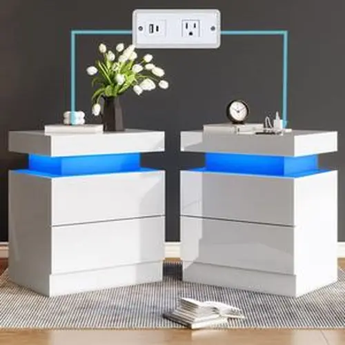 [Summerwins][TWO TABLES IN ONE BOX] VanAcc High Gloss Nightstand Set of 2 with Charging Station, Modern Bedside Table with LED Lights by App and Remote  Control, Sofa End Side Tables with Drawers, Minimalist Night Stand for Bedroom, Living Room