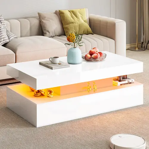 VanAcc High Gloss Coffee Table, Modern 2-Tier Center Table with LED Lights, Open Storage Space, 40in Simple Rectangular Sofa Side Table for Living Room, Office #TikTokShopFallDealsForYou