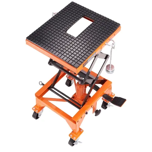 VEVOR Foot-Operated Hydraulic Lift Cart, Heavy-Duty Steel Trolley with Foot Pedal, Hands Free Use, 16.3×13.8 Grip, 360° Slide Under, 350 lbs Capacity, 36-Inch Max Lifting Height, High-Performing Hydraulic Lift, Stable J-Hook Hold, 4 Wheels for High Bikes