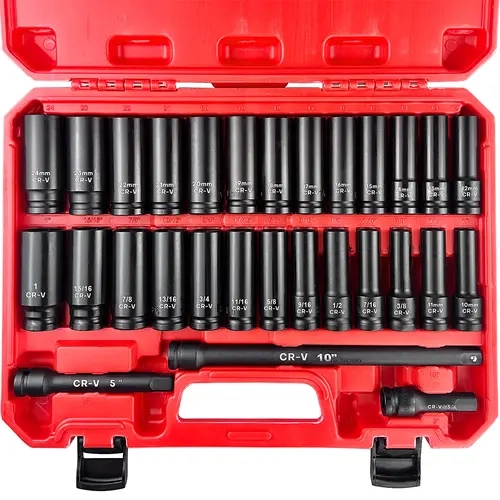 EACELIY 29-Pieces 1/2" Drive Deep Impact Socket Set, Cr-V Steel, 3"-5"-10" Extension Bars, 6-Point Design, SAE 3/8"-1" & Metric 10mm-24mm, High-Contrast Laser-Printed Dimensions, Heavy Tool Box, 6.56 kg, for Automotive & Mechanical Equipment