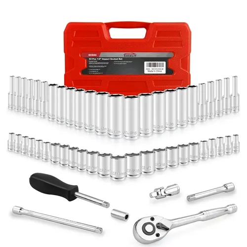 54pcs 1/4" Drive Impact Socket Set - 6-Point Cr-V Steel, SAE/Metric (4-14mm,5/32-9/16in) Deep/Shallow Sockets, 90-Tooth Ratchet, Torque Wrench, Universal Joint, Extension Bars, Hex Bit Holder, Comfortable Grip Spinner Handle, Chrome Plated Tool Box