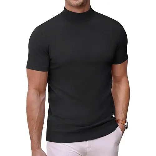 COOFANDY B Mens Mock High Neck Sweater Short Sleeve Solid Color T-Shirts Basic Slim Fit Knitted Pullover Tees Casual Classic Menswear Festival Top Knitwear