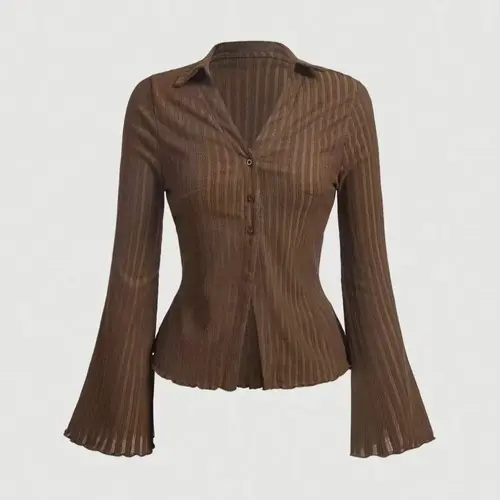 【Black Friday】Women's Plain Lettuce Trim Flounce Sleeve Button Front Blouse, Casual Chic Minimalist Long Sleeve Collared Top for Daily Wear, Woven Fabric, Ladies Clothes for All Seasons, Soft Womenswear
