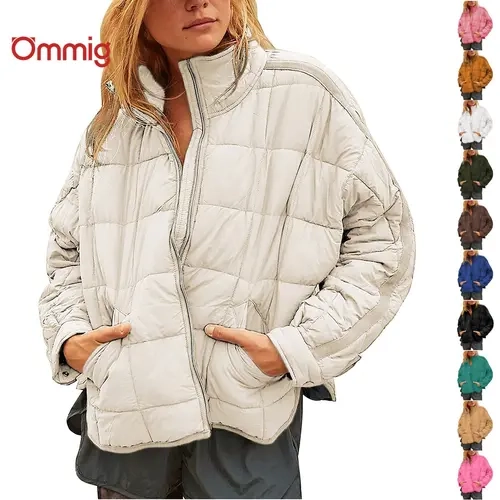 Ommig Women's Padded Solid Color Nylon Puffer Coat - Casual, Cozy Quilted Fill, Lightweight Oversized Ease, Button-Down Shacket with Bishop Sleeves, Pockets, Zipper, Lapel, Baggy Loose-Fit, Athletic T-Shirt Layer Outfit