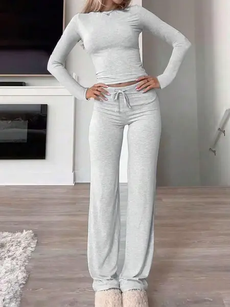 Women's Solid Long Sleeve Crop Top & Drawstring Waist Adjustable Straight Leg Pants Loungewear Set, Casual Comfy Round Neck Top & Trousers PJ Set, Ladies Sleepwear for Spring & Fall