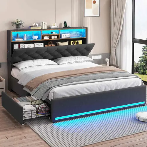 Sikaic Bed Frame with Hidden Storage Headboard and 4 Drawers, Upholstered Platform Bed with LED Lights & Charging Station, No Box Spring Needed, Noise-Free, Dark Grey Smart Lighting, Home Furniture Christmas Gifts cozy home familyfun [TikTokShopblackfrida