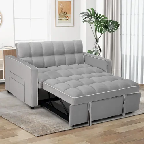 EBELLO 3-in-1 Convertible Velvet Modern Sleeper Sofabed, Space-Saving Pullout Loveseat Futon with Side Storage Pockets, 3-in-1 Pullout Bed Living Room Furniture for Small Spaces