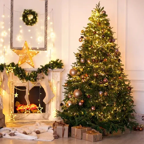 Premium Hinged Classic Spruce Artificial Christmas Tree (6ft/7.5ft Tall) - Sturdy Metal Hinges, Full Tips, Foldable Base with Stand, Ornaments, Easy Install, Indoor Decoration, Business Home Festive Supplies