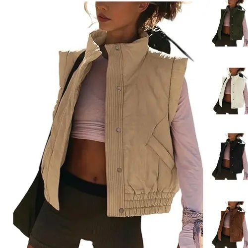 Tanming Womens Cropped Layering Vest Stand Collar Snap Button Puffer Sleeveless Jacket Outerwear with Pockets Casual Fall Winter Work School Vacation Loungewear Outfits Clothing