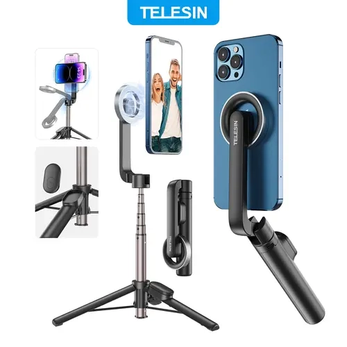 TELESIN Mini Magnetic Selfie Stick Tripod with Bluetooth Remote Control, 27" Extendable Phone Stand Tripod for Magsafe for iPhone 17 16 15 14 13 12 Pro Max Series, All Android Phones with Magnetic Functionality, Accessories, Mobile